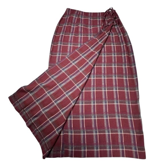 VTG Bonnie & Norma Plaid Wrap Midi Skirt Sz.M Burgundy Tartan Academia 90s Y2K - Picture 5 of 15